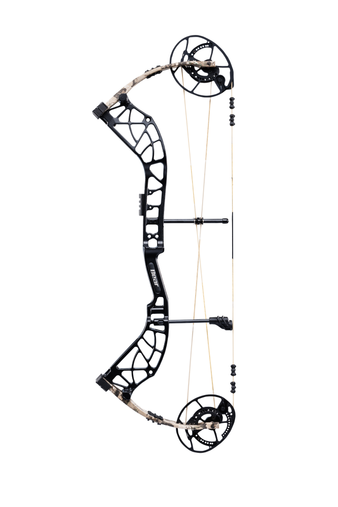 Side view of Bear Archery's Whitetail INT compound bow in color Veil Whitetail highlighting its KillerWave limb dampeners.