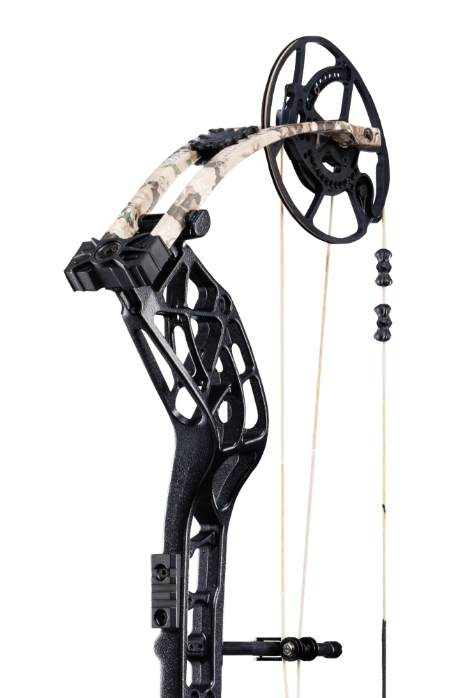 Close up of new roller cable guard system matched with the proven EKO cam system for an unrivaled draw cycle on the Whitetail INT.