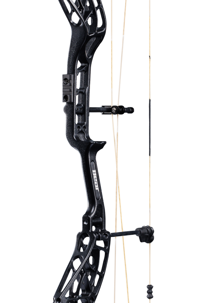 Close-up of the Bear Archery Whitetail INT Compound Bow in color Veil Whitetail, showcasing its Integrated Mounting Rest and Picatinny sight mounting locations for easy customization.