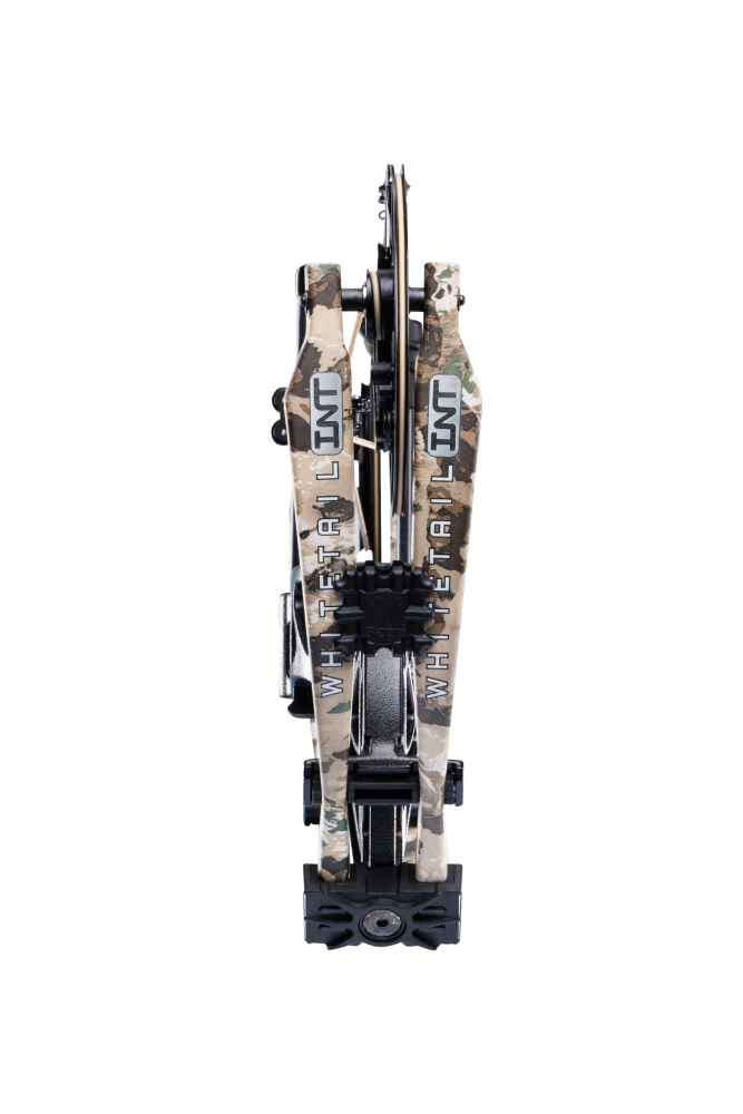 Close up of compound bow limbs showcasing Bear Archery Whitetail INT logo on color Veil Whitetail.