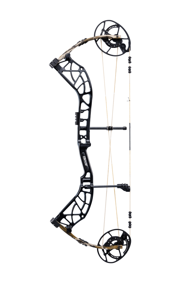 Side view of Bear Archery's Whitetail INT compound bow in color Mossy Oak Bottomland highlighting its KillerWave limb dampeners.