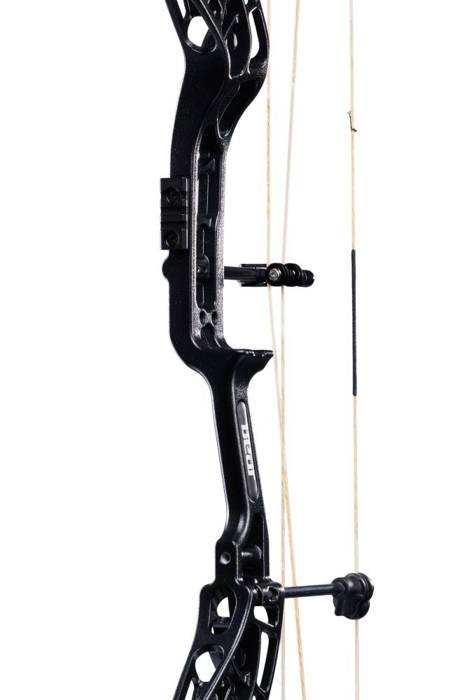 Close-up of the Bear Archery Whitetail INT Compound Bow in color Veil Whitetail, showcasing its Integrated Mounting Rest and Picatinny sight mounting locations for easy customization.