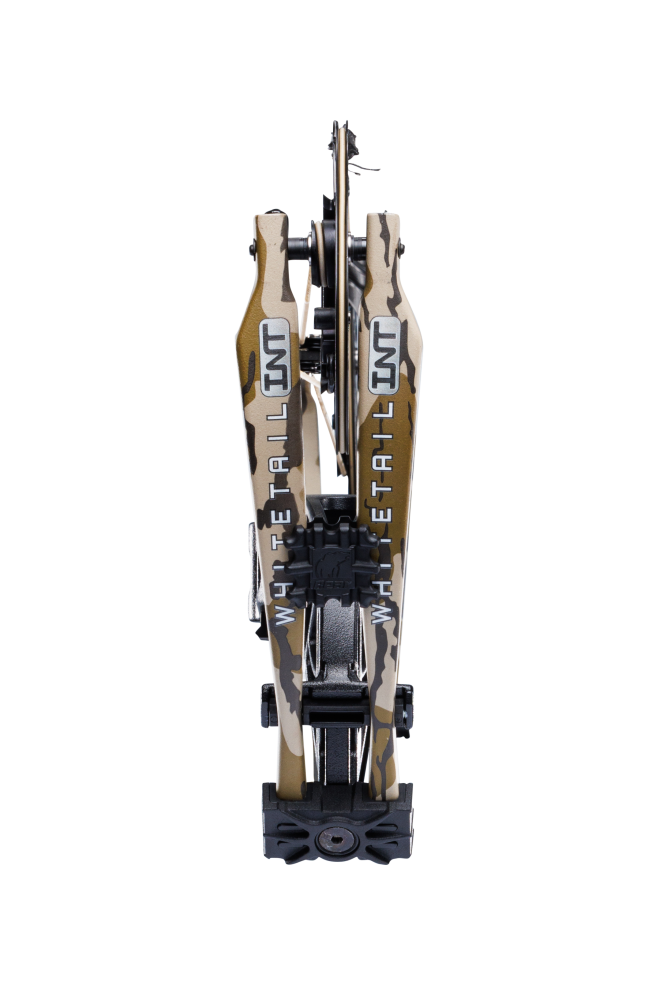 Bear Archery Whitetail INT logo on compound bow limbs in Mossy Oak Bottomland color.