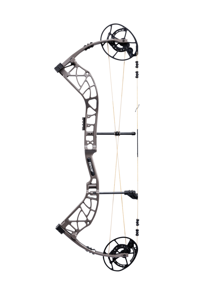 Bear Archery Whitetail INT compound bow in color stone aimed left.