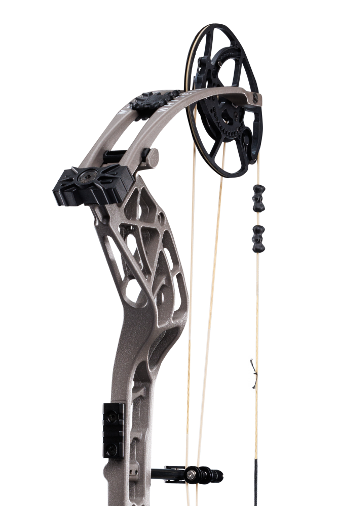 Close up of roller cable guard system matched with the proven EKO cam system on the Whitetail INT compound bow in stone color.