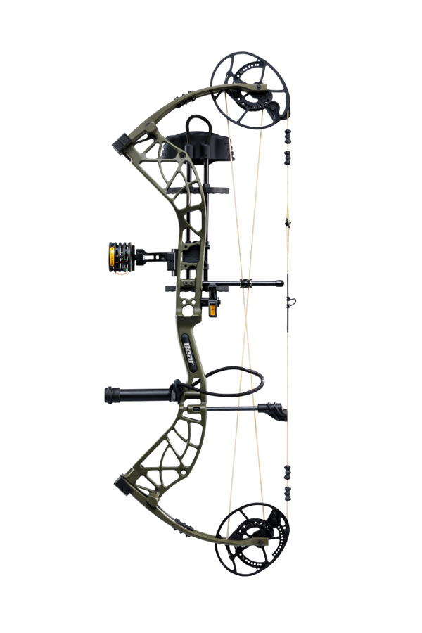Side view of Bear Archery's Whitetail INT RTH compound bow in color Olive highlighting its KillerWave limb dampeners.