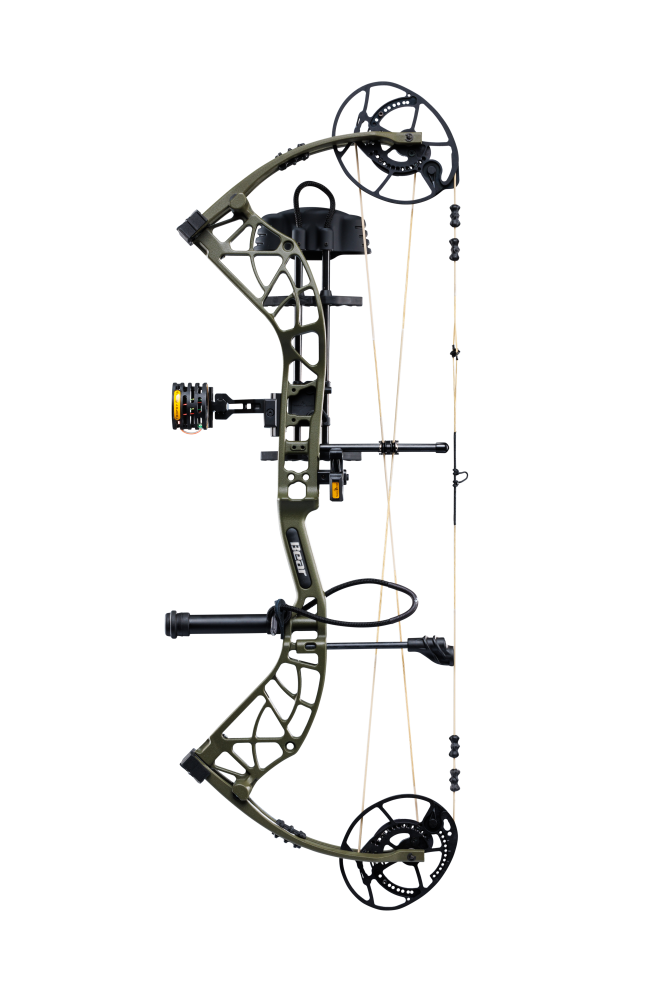 Side view of Bear Archery's Whitetail INT RTH compound bow in color Olive highlighting its KillerWave limb dampeners.