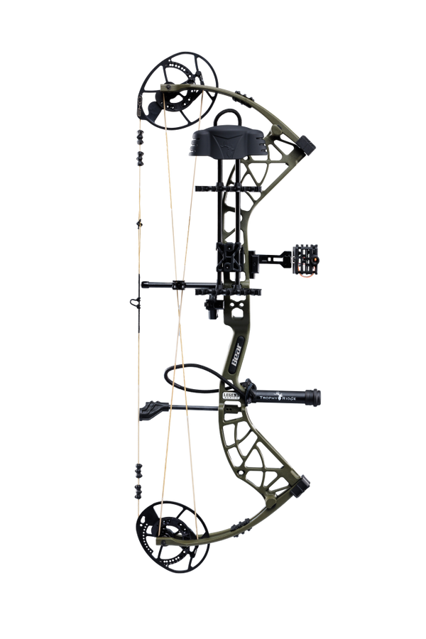Bear Archery Whitetail INT RTH Compound Bow for bowhunting displayed against a transparent background, emphasizing its professional build, Trophy Ridge accessories and Olive color.