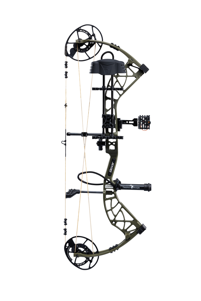Bear Archery Whitetail INT RTH Compound Bow for bowhunting displayed against a transparent background, emphasizing its professional build, Trophy Ridge accessories and Olive color.
