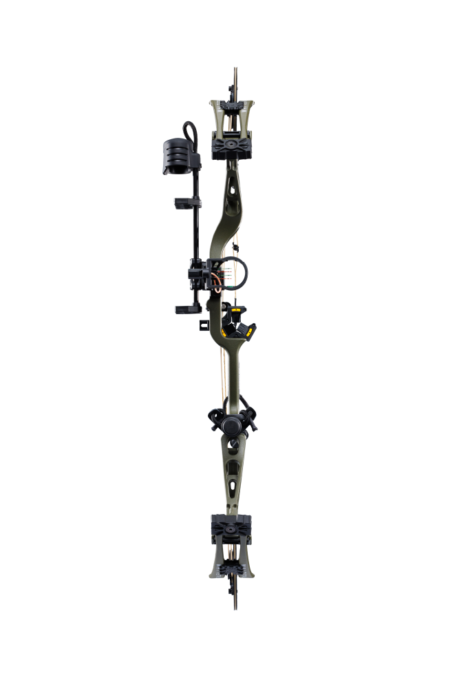 Front view Bear Whitetail INT RTH with EKO cams and Trophy Ridge ready-to-hunt accessories in color Olive.