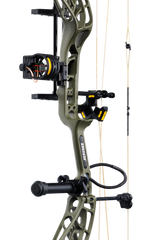 Close up of Bear Archery Whitetail INT RTH compound bow in color Olive highlighting Trophy Ridge accessories including a V-Biscuit rest, 4 pin sight, stabilizer, peep sight, and wrist sling.