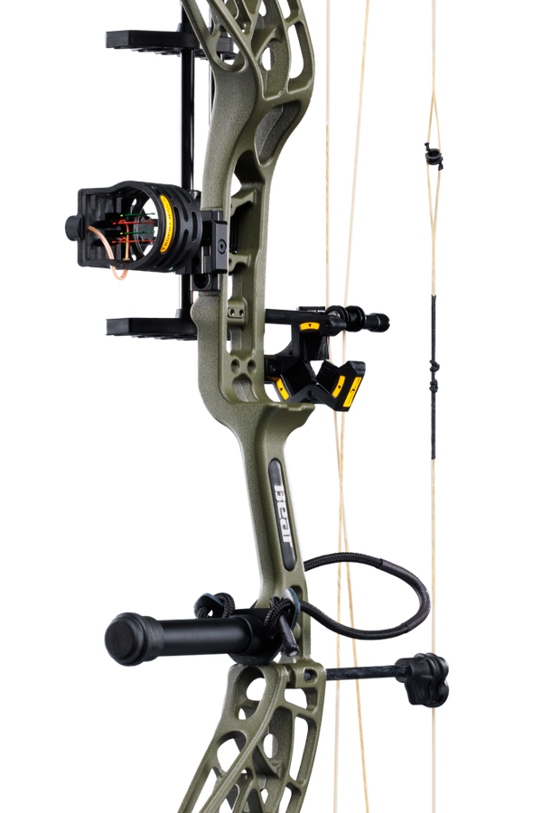 Close up of Bear Archery Whitetail INT RTH compound bow in color Olive highlighting Trophy Ridge accessories including a V-Biscuit rest, 4 pin sight, stabilizer, peep sight, and wrist sling.