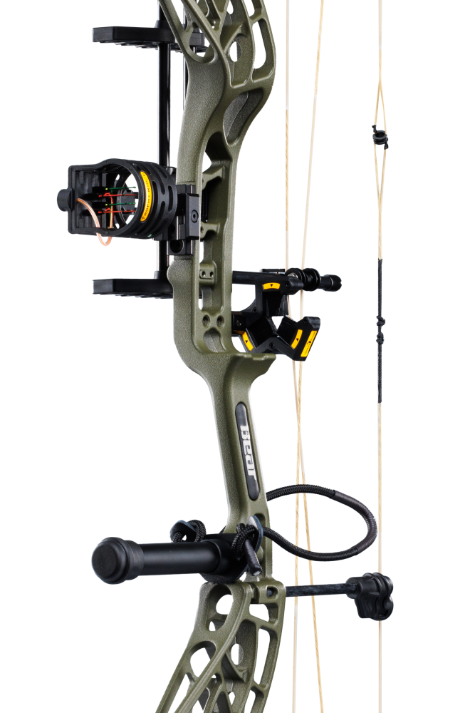 Close up of Bear Archery Whitetail INT RTH compound bow in color Olive highlighting Trophy Ridge accessories including a V-Biscuit rest, 4 pin sight, stabilizer, peep sight, and wrist sling.