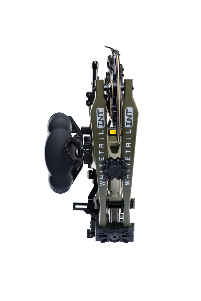 Close up of Bear Archery Whitetail INT RTH compound bow for bowhunting in Olive color.