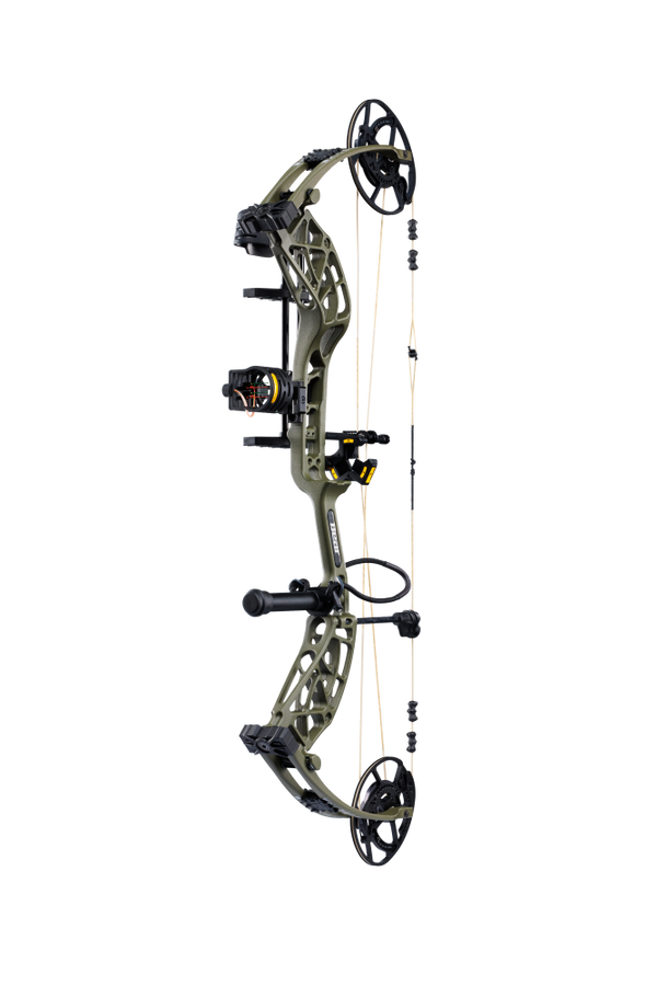 Side view of the Bear Archery Whitetail INT RTH Compound Bow in color Olive highlighting its modern, lightweight frame with EKO cams and integrated innovations.