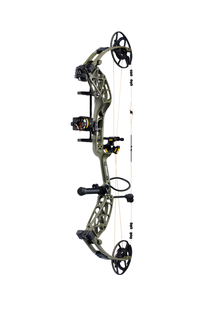 Side view of the Bear Archery Whitetail INT RTH Compound Bow in color Olive highlighting its modern, lightweight frame with EKO cams and integrated innovations.