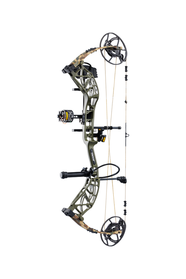 Side view of Bear Archery's Whitetail INT RTH compound bow in color Throwback Green highlighting its KillerWave limb dampeners.