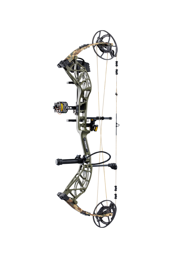 Side view of Bear Archery's Whitetail INT RTH compound bow in color Throwback Green highlighting its KillerWave limb dampeners.