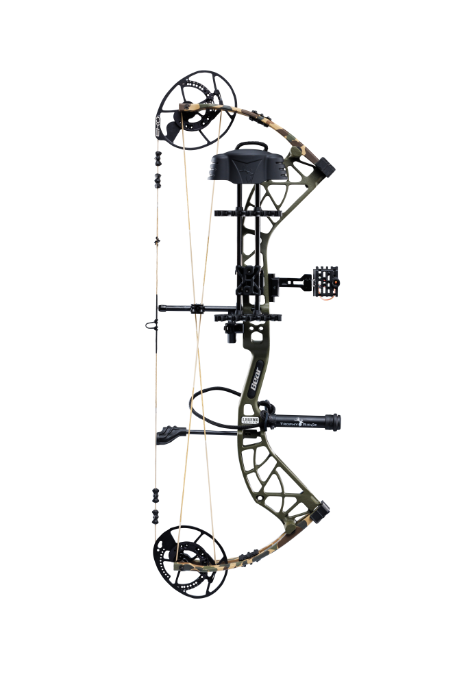 Bear Archery Whitetail INT RTH Compound Bow for bowhunting displayed against a transparent background, emphasizing its professional build, Trophy Ridge accessories and Throwback Green color.