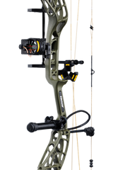 Close up of Bear Archery Whitetail INT RTH compound bow in color Throwback Green highlighting Trophy Ridge accessories including a V-Biscuit rest, 4 pin sight, stabilizer, peep sight, and wrist sling.