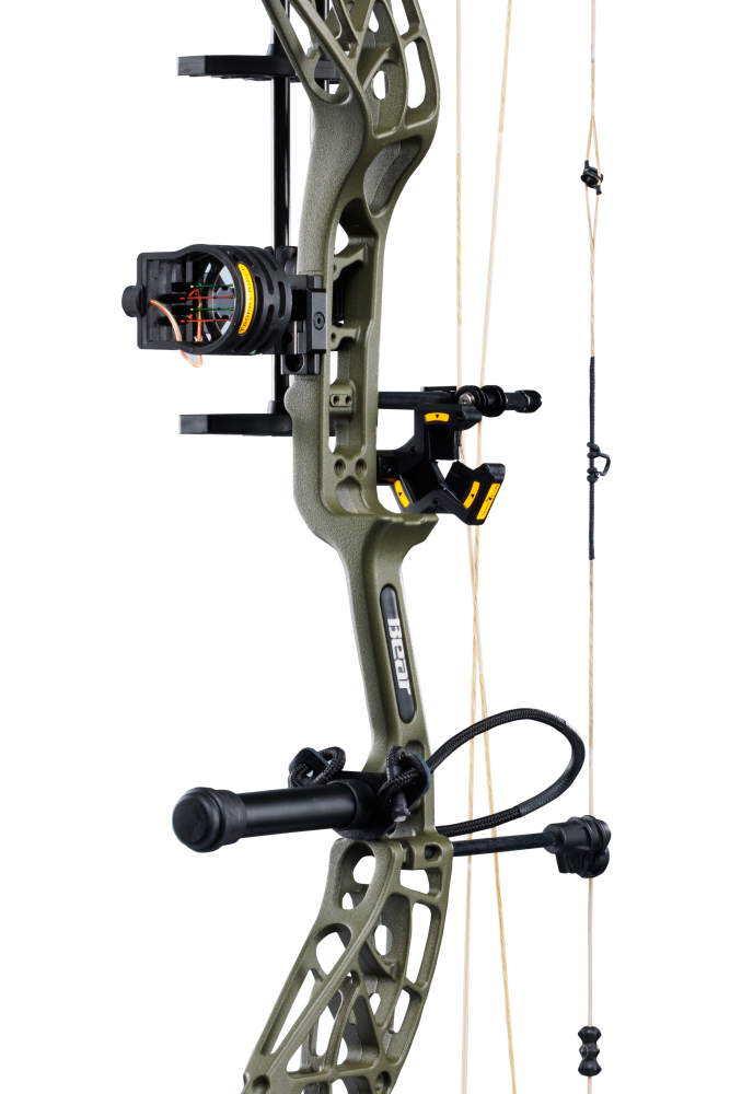 Close up of Bear Archery Whitetail INT RTH compound bow in color Throwback Green highlighting Trophy Ridge accessories including a V-Biscuit rest, 4 pin sight, stabilizer, peep sight, and wrist sling.