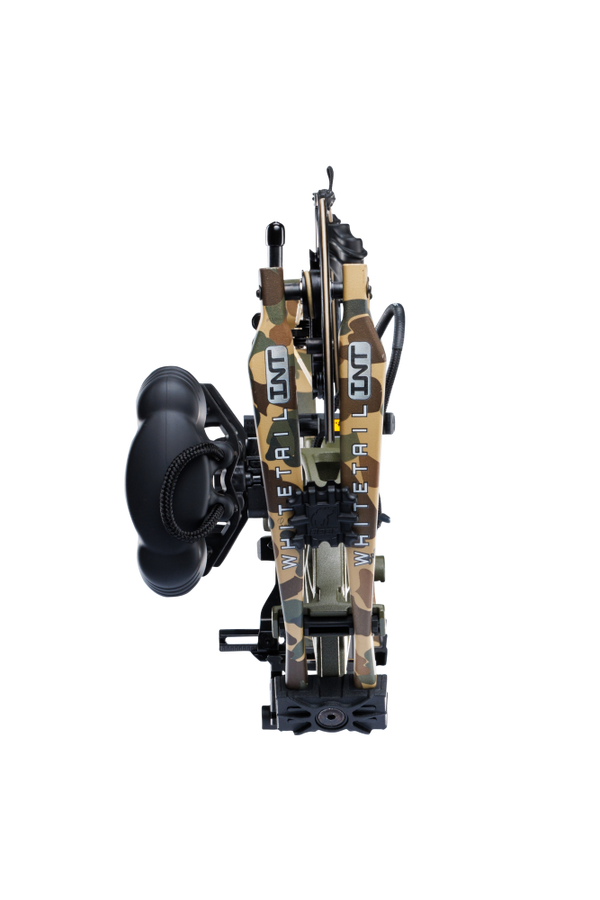 Close up of Bear Archery Whitetail INT RTH compound bow for bowhunting in Throwback Green color.