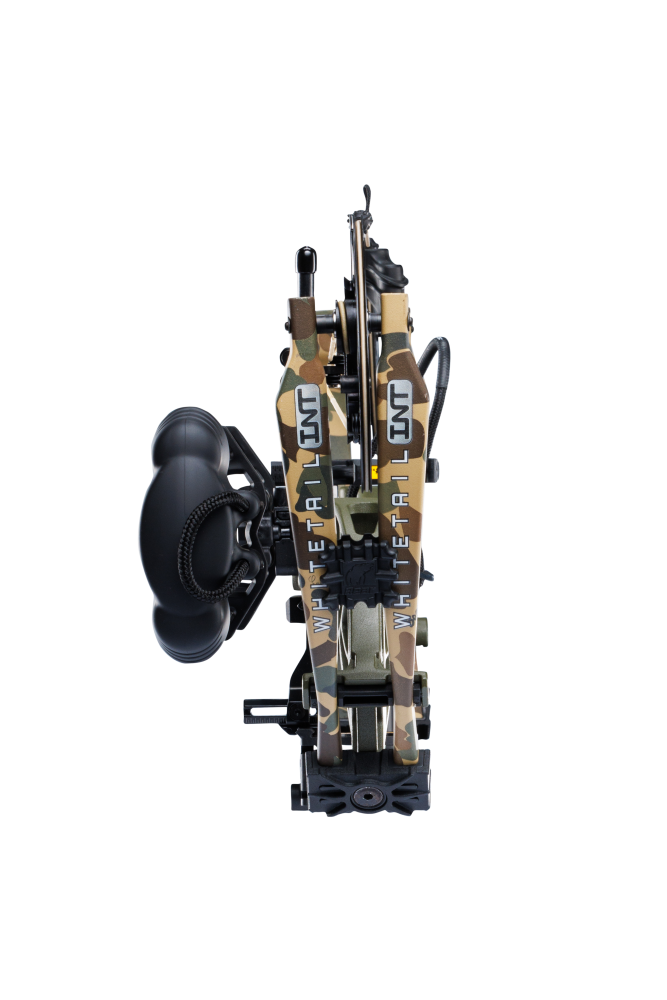 Close up of Bear Archery Whitetail INT RTH compound bow for bowhunting in Throwback Green color.