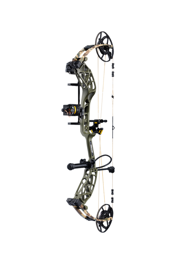 Side view of Bear Archery's Whitetail INT RTH compound bow in color Throwback Green highlighting its KillerWave limb dampeners.