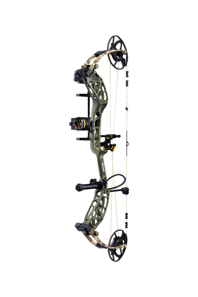 Side view of Bear Archery's Whitetail INT RTH compound bow in color Throwback Green highlighting its KillerWave limb dampeners.
