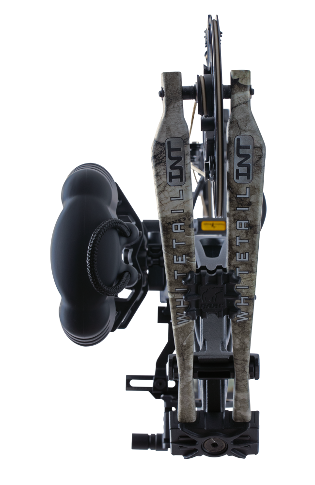 Close up of Bear Archery Whitetail INT RTH compound bow for bowhunting in Veil Whitetail color.