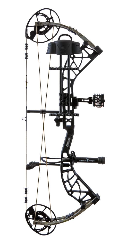 Bear Archery Whitetail INT RTH Compound Bow for bowhunting displayed against a transparent background, emphasizing its professional build, Trophy Ridge accessories and Veil Whitetail color.