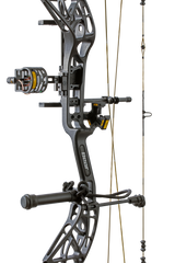 Close up of Bear Archery Whitetail INT RTH compound bow in color Veil Whitetail highlighting Trophy Ridge accessories including a V-Biscuit rest, 4 pin sight, stabilizer, peep sight, and wrist sling.