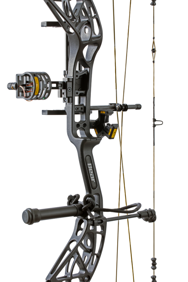 Close up of Bear Archery Whitetail INT RTH compound bow in color Veil Whitetail highlighting Trophy Ridge accessories including a V-Biscuit rest, 4 pin sight, stabilizer, peep sight, and wrist sling.