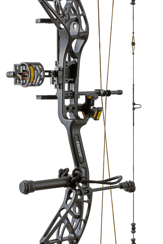 Close up of Bear Archery Whitetail INT RTH compound bow in color Veil Whitetail highlighting Trophy Ridge accessories including a V-Biscuit rest, 4 pin sight, stabilizer, peep sight, and wrist sling.