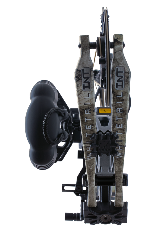 Close up of Bear Archery Whitetail INT RTH compound bow for bowhunting in Veil Whitetail color.