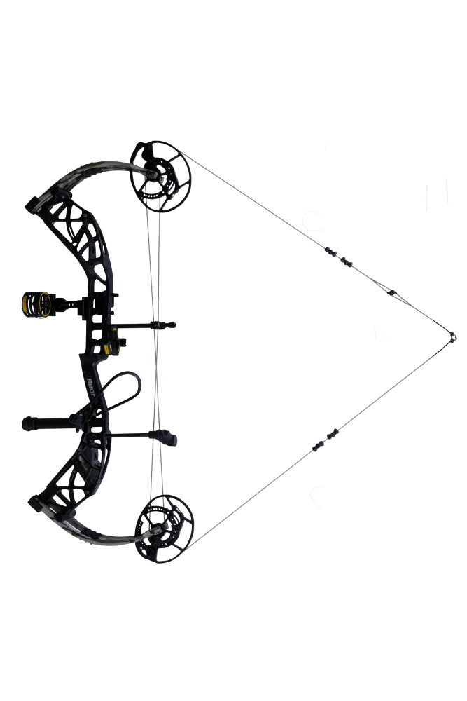 Side view of the Bear Archery Whitetail INT RTH compound hunting bow in color Mossy Oak Bottomland highlighting its 26"-30" draw length.