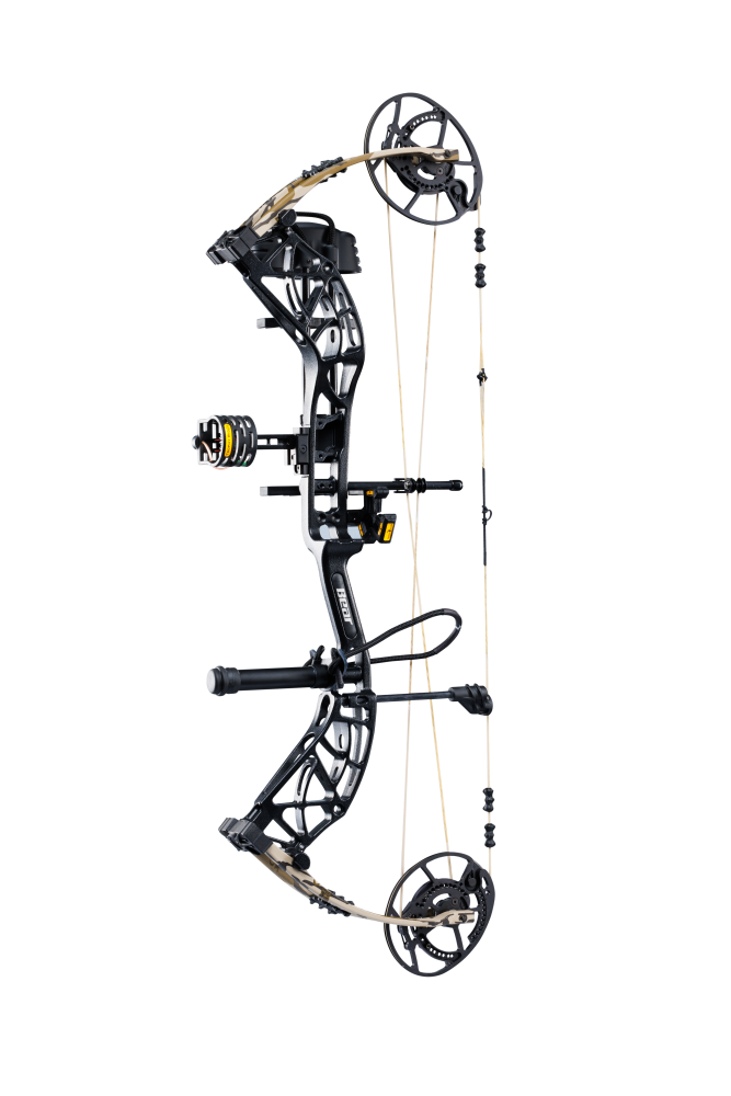 Side view of Bear Archery's Whitetail INT RTH compound bow in color Mossy Oak Bottomland highlighting its KillerWave limb dampeners.