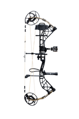 Bear Archery Whitetail INT RTH Compound Bow for bowhunting displayed against a transparent background, emphasizing its professional build, Trophy Ridge accessories and Mossy Oak Bottomland color.