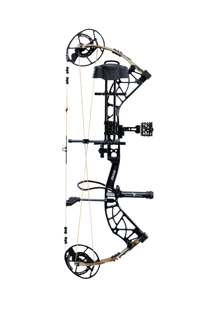 Bear Archery Whitetail INT RTH Compound Bow for bowhunting displayed against a transparent background, emphasizing its professional build, Trophy Ridge accessories and Mossy Oak Bottomland color.