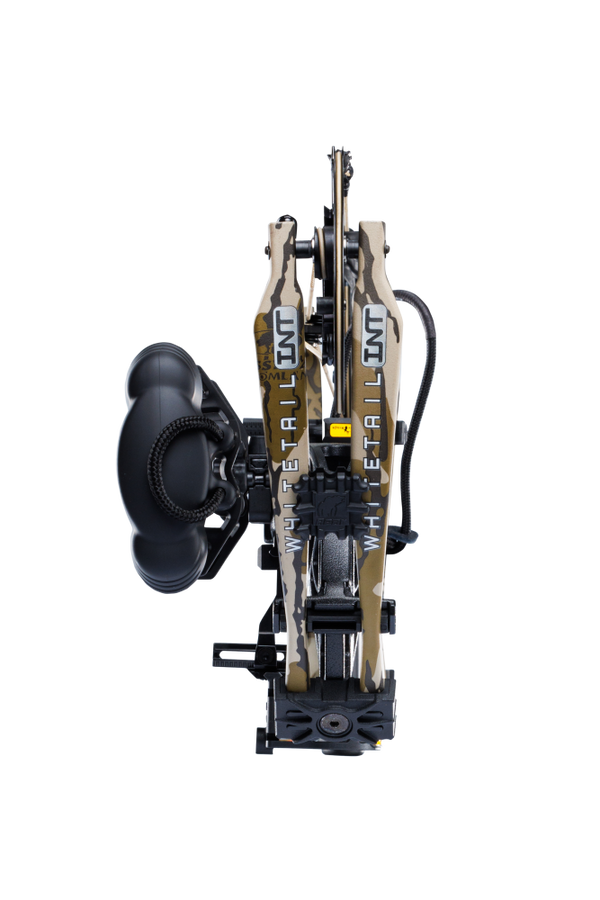 Close up of Bear Archery Whitetail INT RTH compound bow for bowhunting in Mossy Oak Bottomland color.