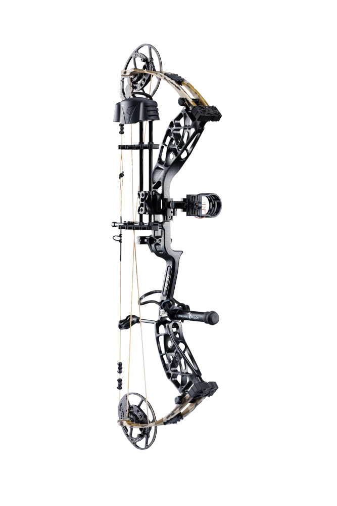 Side view of the Bear Archery Whitetail INT RTH Compound Bow in color Mossy Oak Bottomland highlighting its modern, lightweight frame with EKO cams and integrated innovations.
