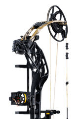 Close up of Bear Archery Whitetail INT RTH compound bow in color Mossy Oak Bottomland showcasing its new roller cable guard system matched with the proven EKO cam system.