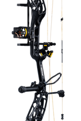 Close up of Bear Archery Whitetail INT RTH compound bow in color Mossy Oak Bottomland highlighting Trophy Ridge accessories including a V-Biscuit rest, 4 pin sight, stabilizer, peep sight, and wrist sling.