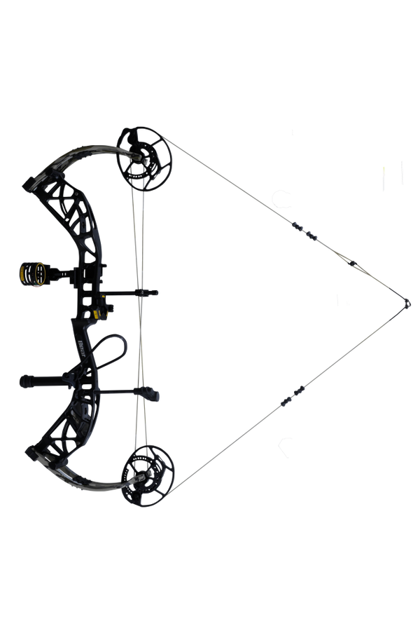 Side view of the Bear Archery Whitetail INT RTH compound hunting bow in color Mossy Oak Bottomland highlighting its 26"-30" draw length.