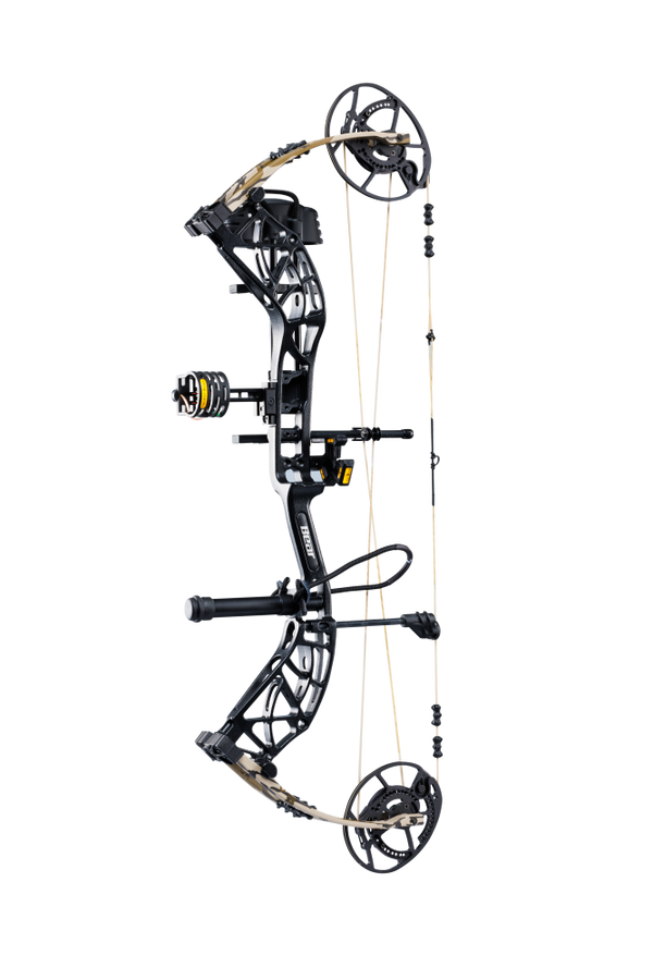 Side view of the Bear Archery Whitetail INT RTH Compound Bow in color Mossy Oak Bottomland highlighting its modern, lightweight frame with EKO cams and integrated innovations.