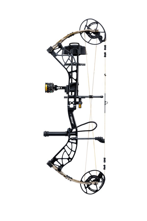 Side view of Bear Archery's Whitetail INT RTH compound bow in color Mossy Oak Bottomland highlighting its KillerWave limb dampeners.