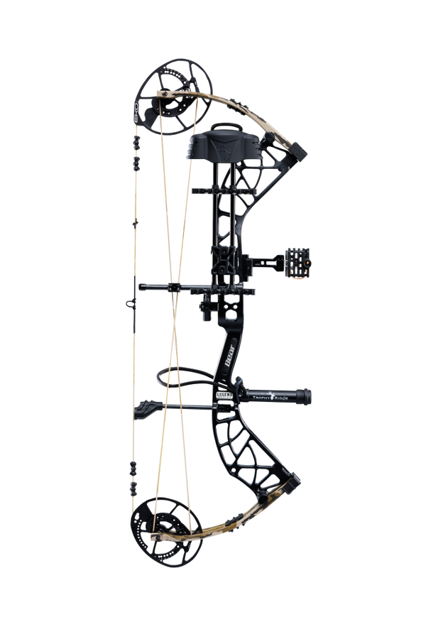 Bear Archery Whitetail INT RTH Compound Bow for bowhunting displayed against a transparent background, emphasizing its professional build, Trophy Ridge accessories and Mossy Oak Bottomland color.