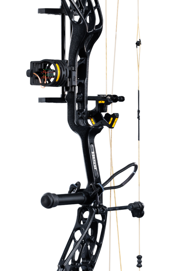 Close up of Bear Archery Whitetail INT RTH compound bow in color Mossy Oak Bottomland highlighting Trophy Ridge accessories including a V-Biscuit rest, 4 pin sight, stabilizer, peep sight, and wrist sling.