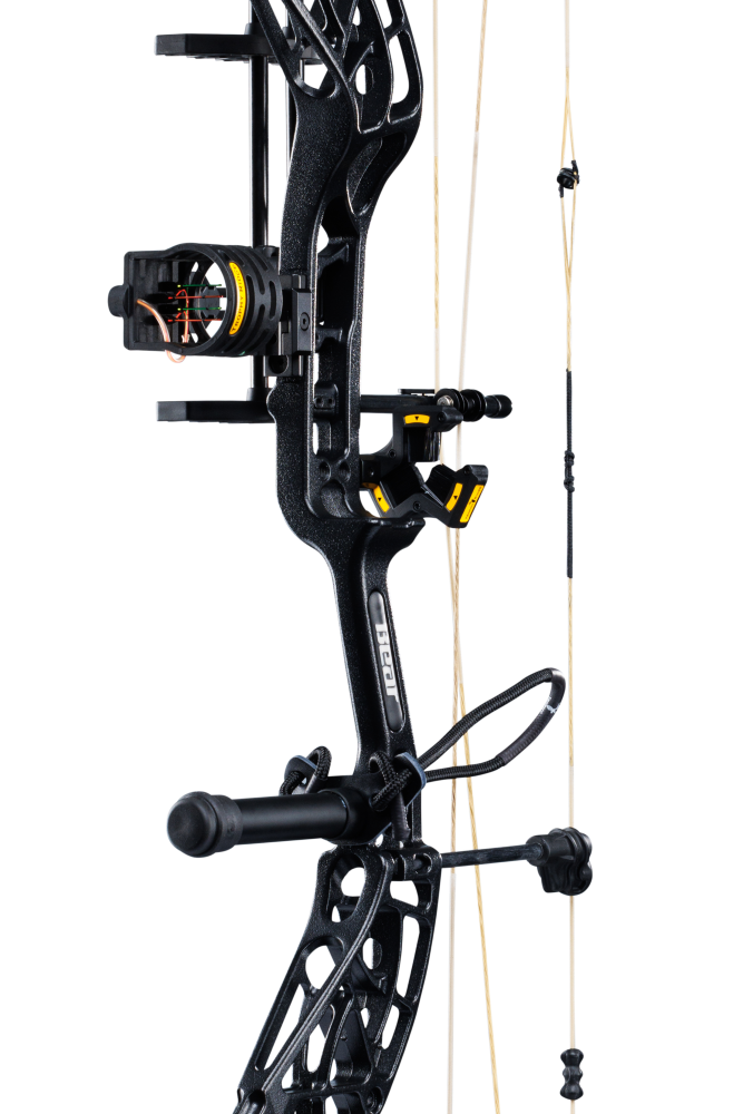 Close up of Bear Archery Whitetail INT RTH compound bow in color Mossy Oak Bottomland highlighting Trophy Ridge accessories including a V-Biscuit rest, 4 pin sight, stabilizer, peep sight, and wrist sling.
