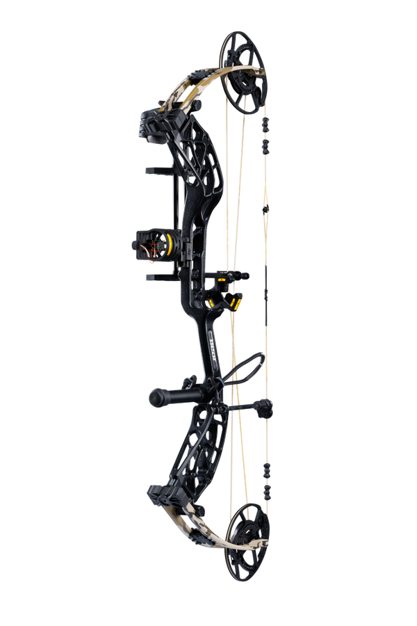 Side view of the Bear Archery Whitetail INT RTH Compound Bow in color Mossy Oak Bottomland highlighting its modern, lightweight frame with EKO cams and integrated innovations.